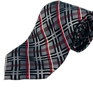 Pronto Uomo Men's Necktie Gray Red White Plaid 100% Silk Business Formal